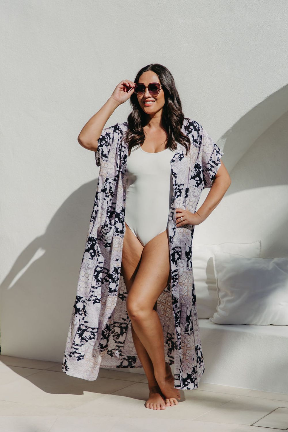 Maxi-length beach cover up with floral patchwork design