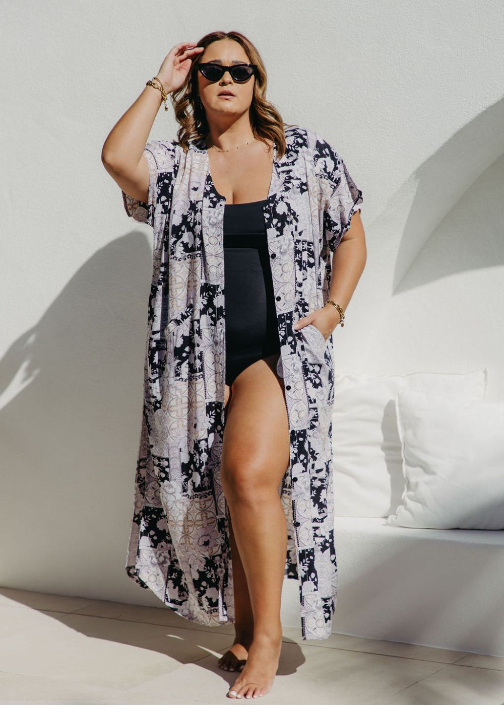 Woman wearing Patchwork Dreams Kimono Duster beach cover up