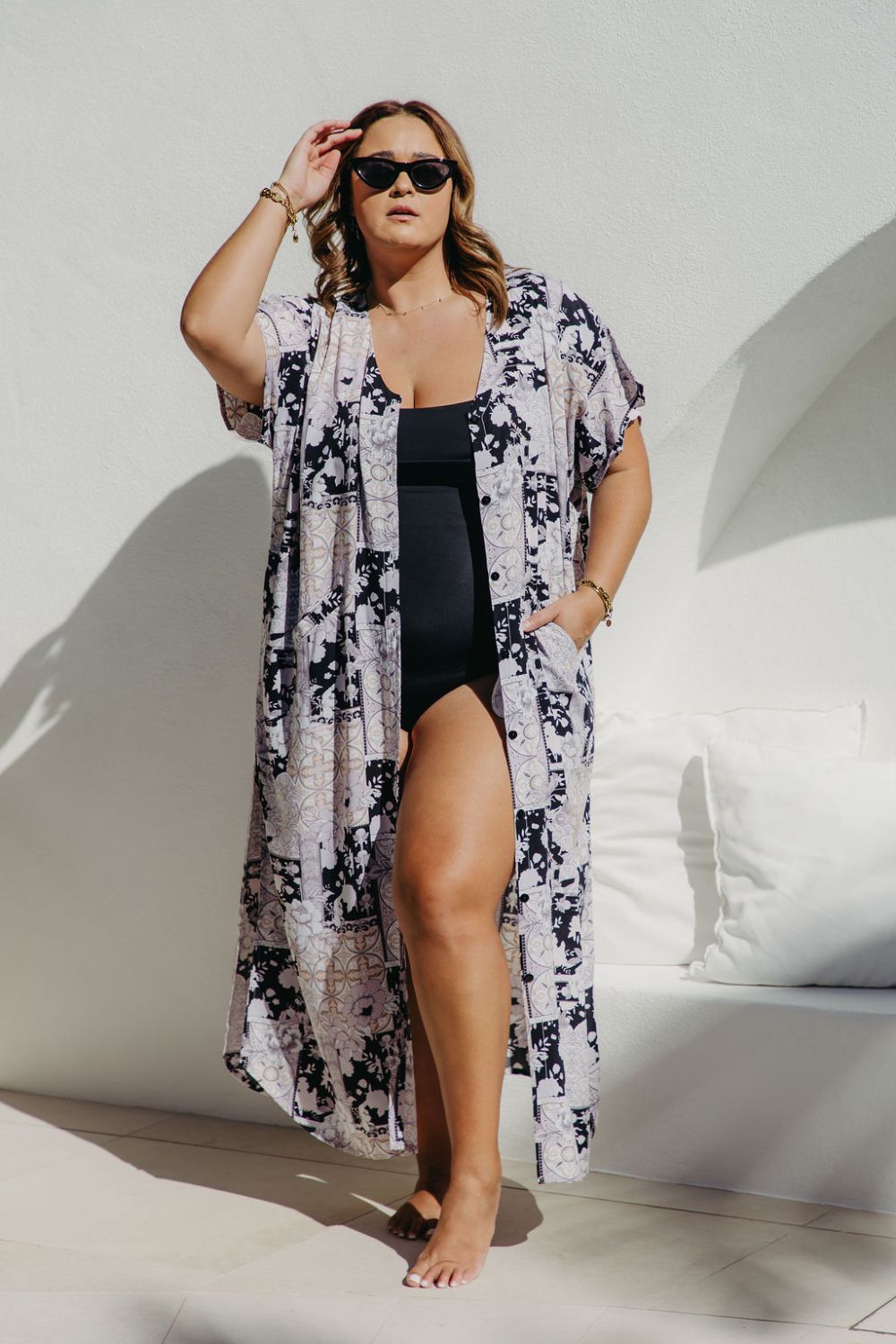 Woman wearing Patchwork Dreams Kimono Duster beach cover up