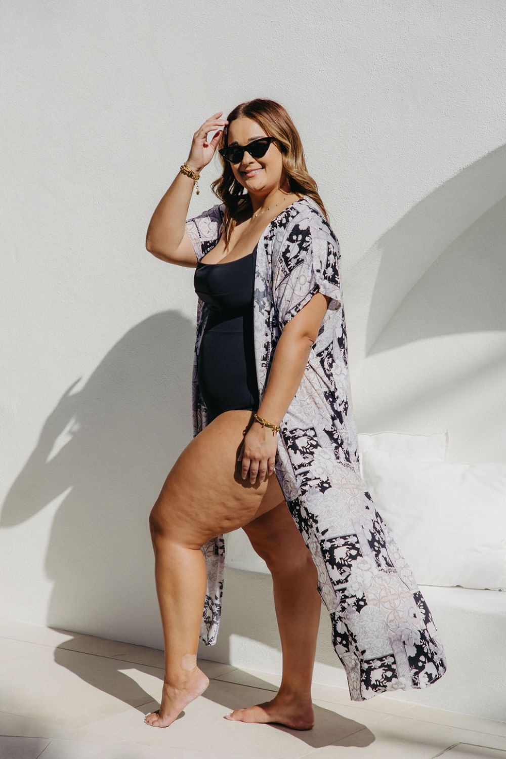 Boho resort kimono layered over swimwear