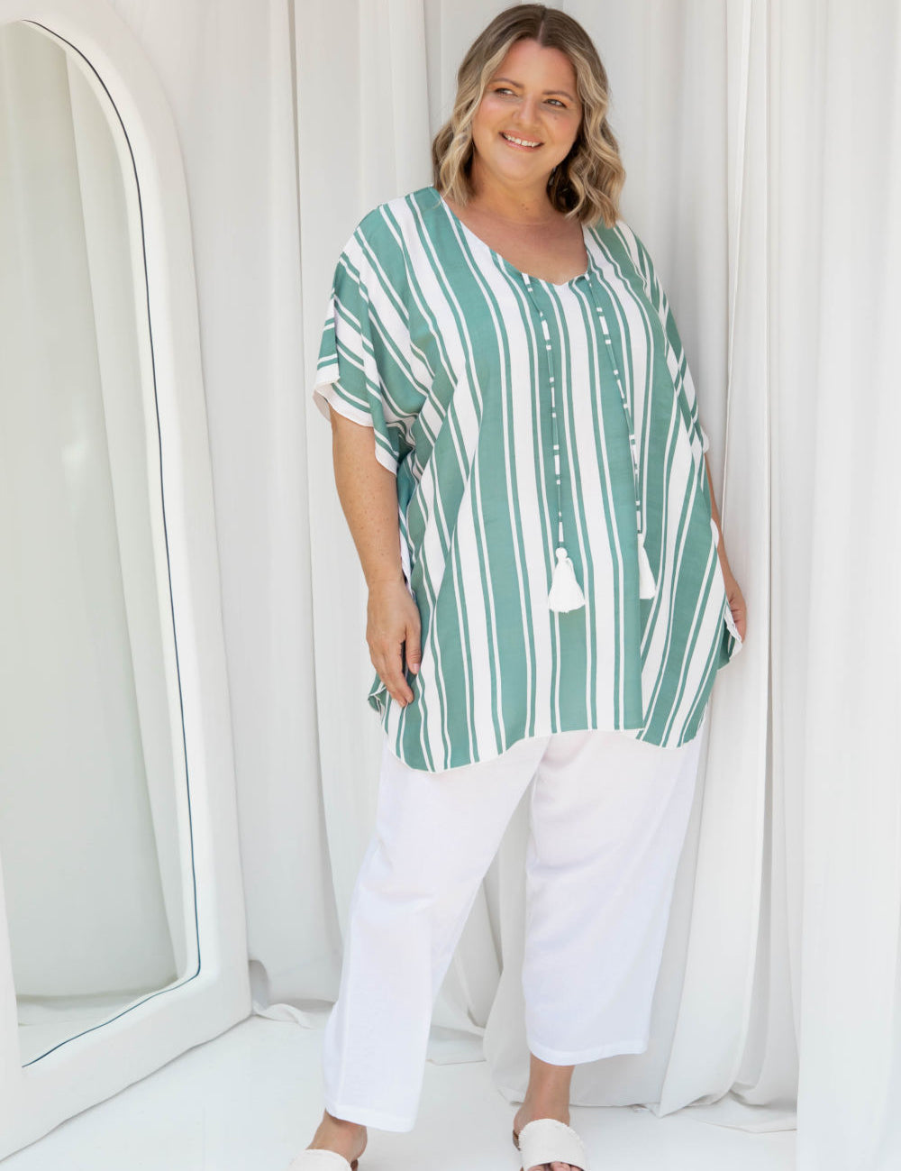 ladies-kaftan-top-stripe-green-white