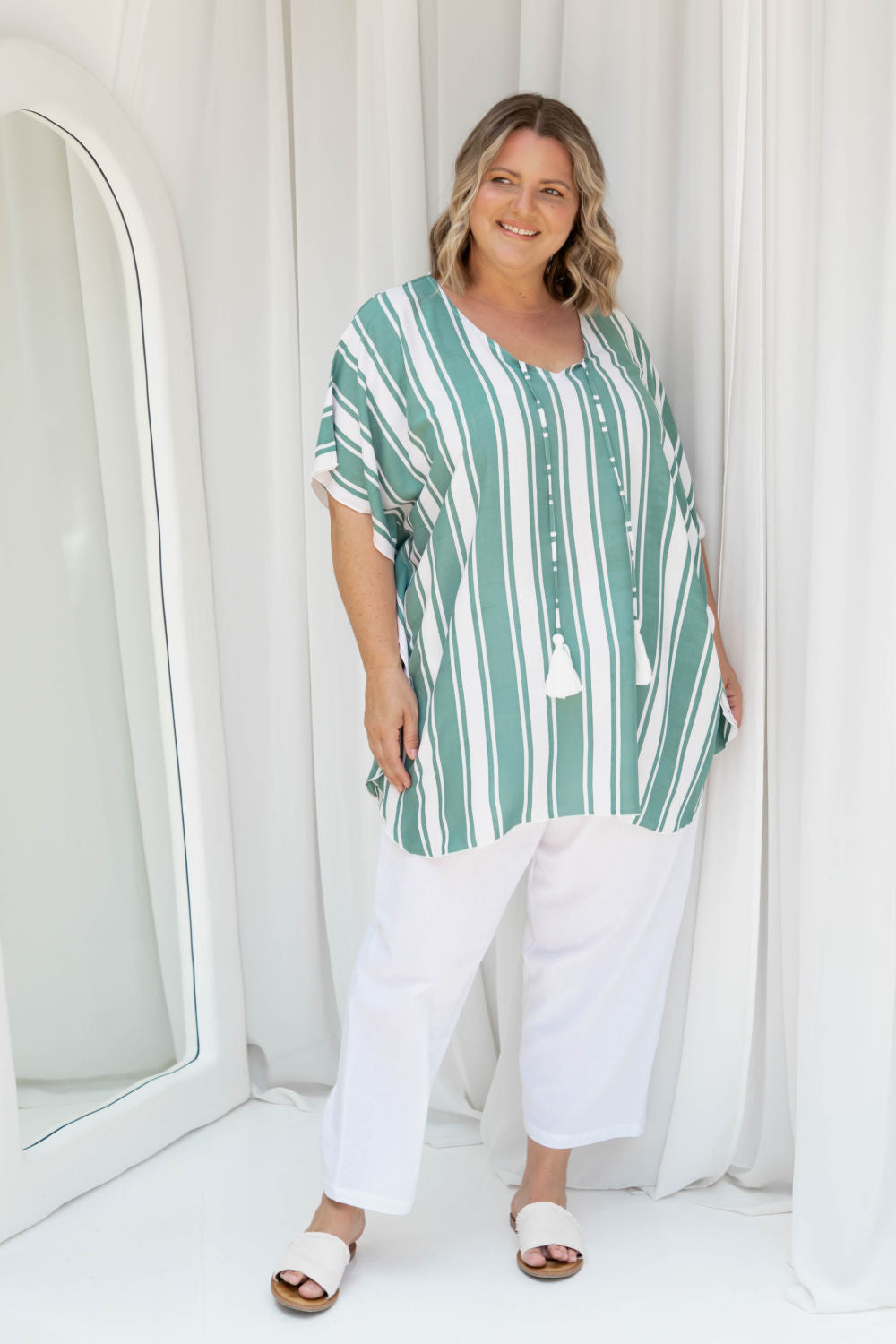 ladies-kaftan-top-stripe-green-white