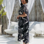 ladies-long-kaftan-summer-dress-black-cream-coastal-print-design-size-SM-Holley-Day-Australia