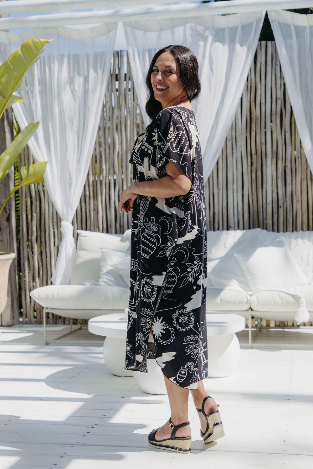 ladies-long-kaftan-summer-dress-black-cream-coastal-print-design-size-SM-Holley-Day-Australia