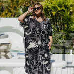 ladies-long-kaftan-summer-dress-black-cream-coastal-print-design-size-xl-Holley-Day-Australia