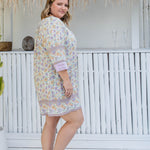     ladies-short-beach-kaftan-dress-mauve-floral-lace-trim-resort-wear