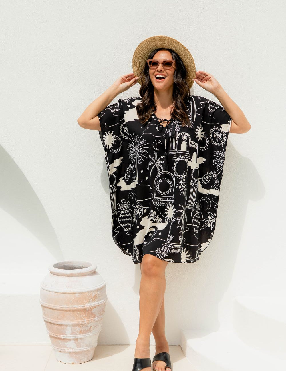 ladies-short-kaftan-summer-dress-black-cream-print