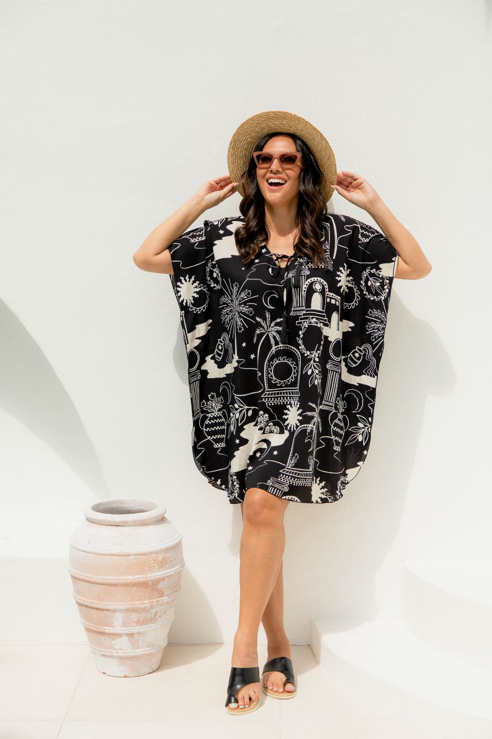 ladies-short-kaftan-summer-dress-black-cream-print