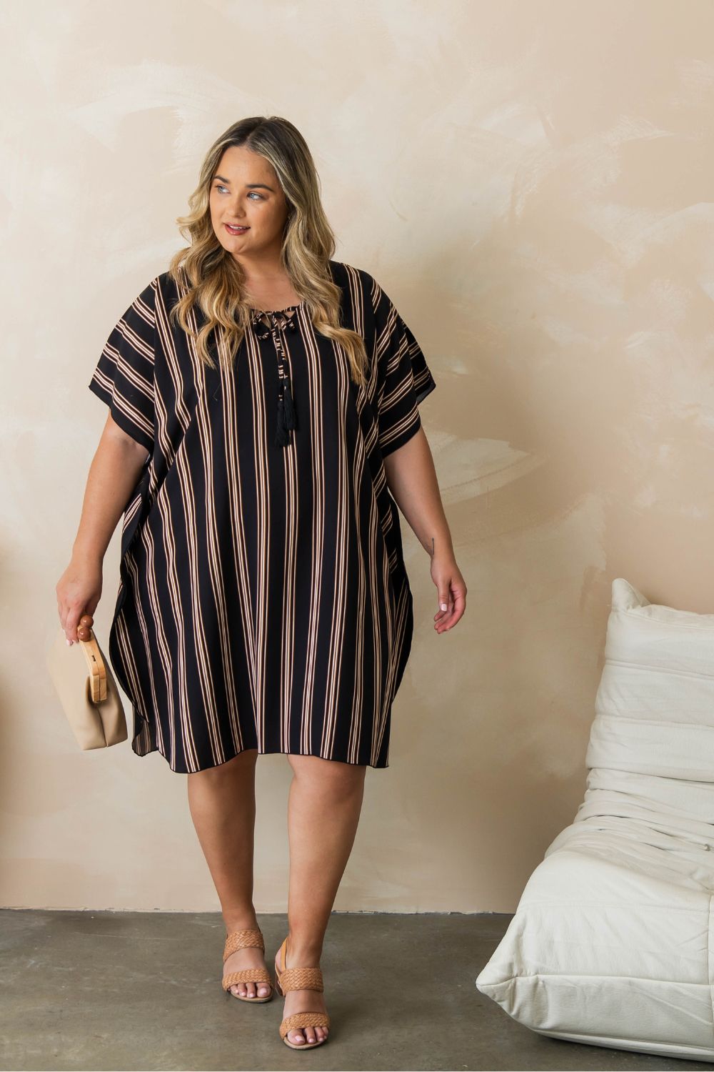 ladies-short-summer-dress-stripe-black-cream-nutmeg-size-plus-size