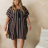 ladies-short-summer-dress-stripe-black-cream-nutmeg-size-plus-size