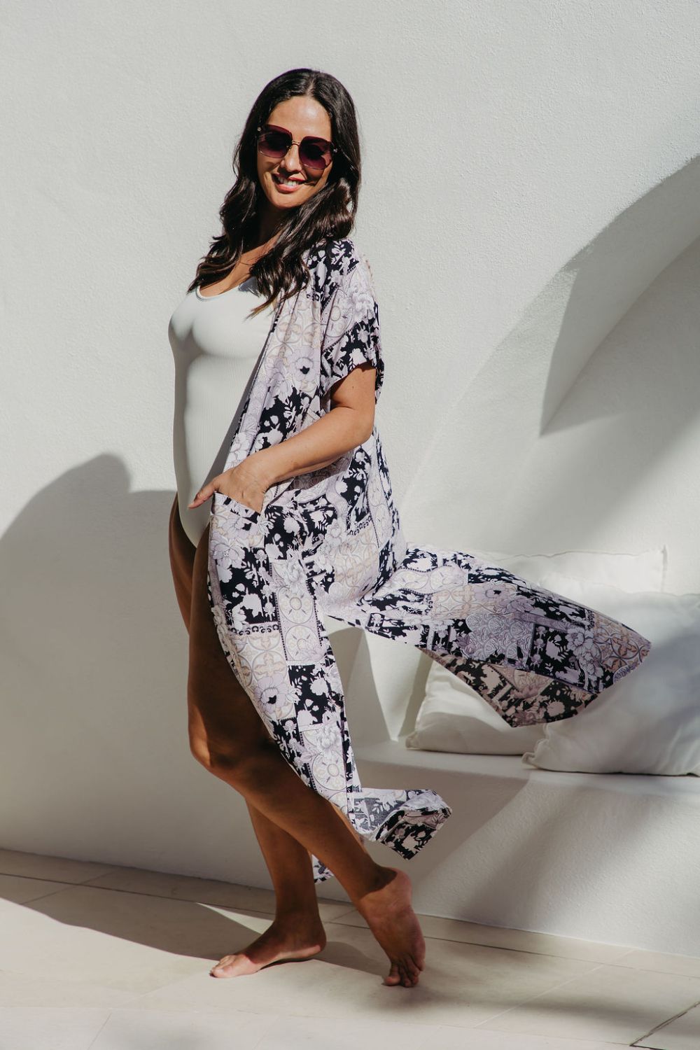 Long patchwork print kimono with side split and buttons