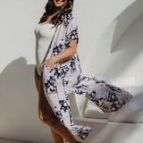 Long patchwork print kimono with side split and buttons
