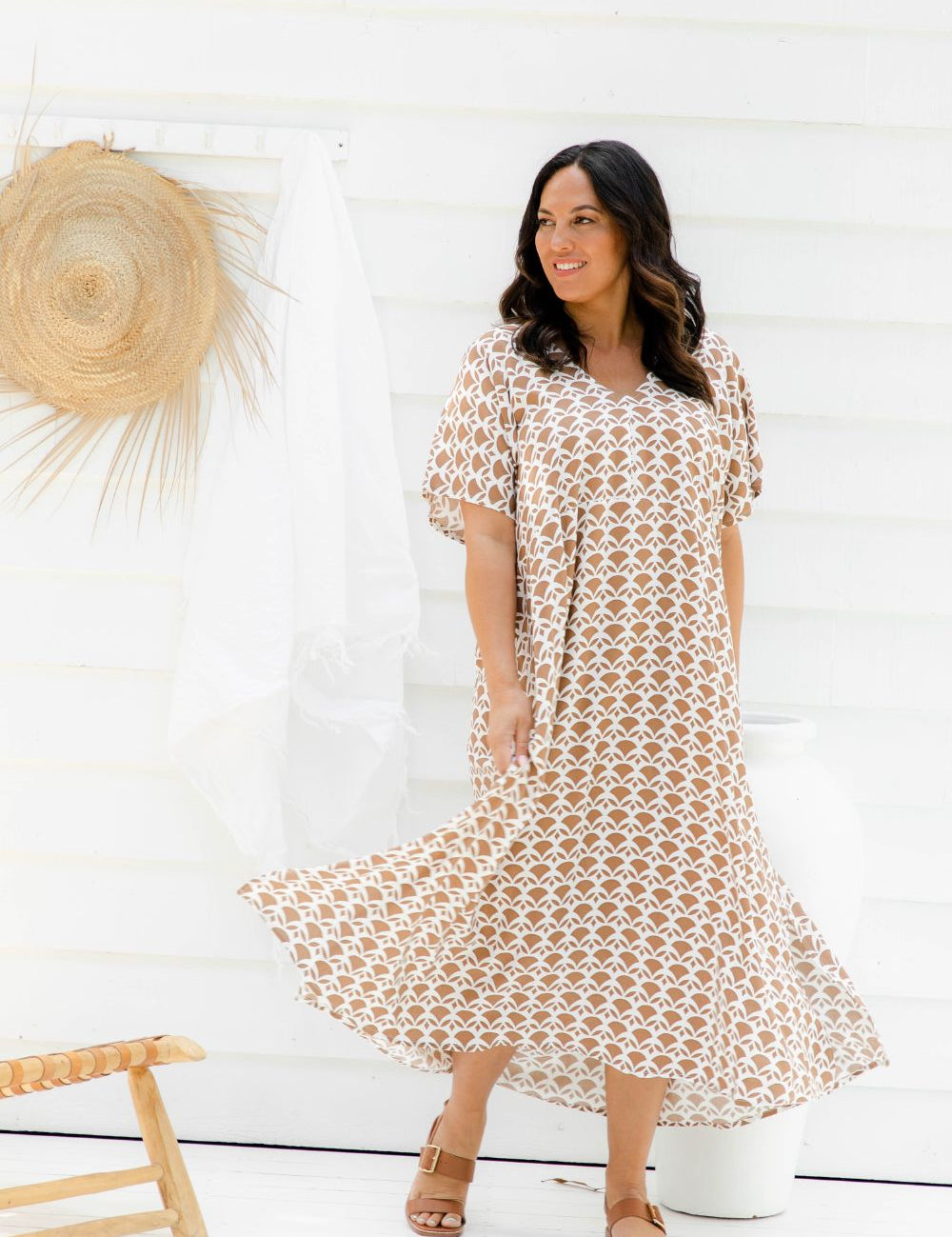 long-aline-summer-dress-caramel-white-geometric-design