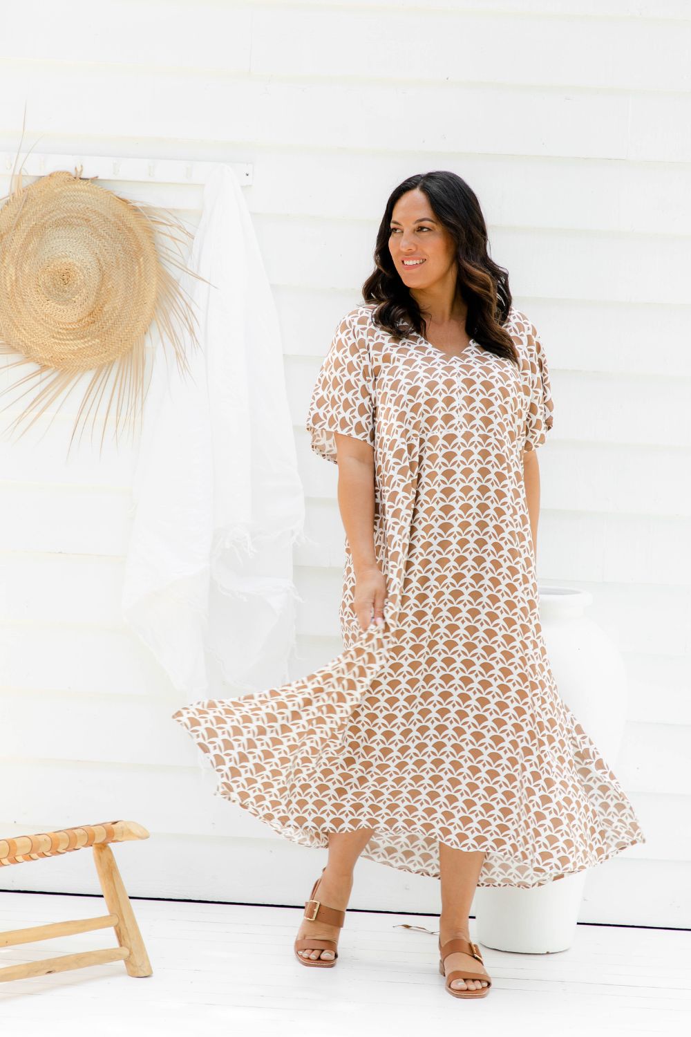 long-aline-summer-dress-caramel-white-geometric-design