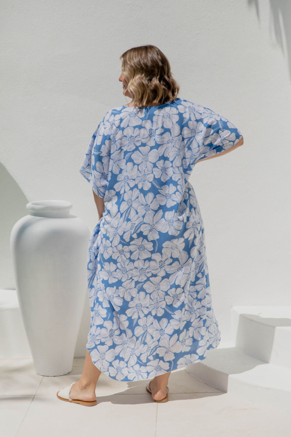 long-beach-kaftan-dress-blue-white-floral-resort-style