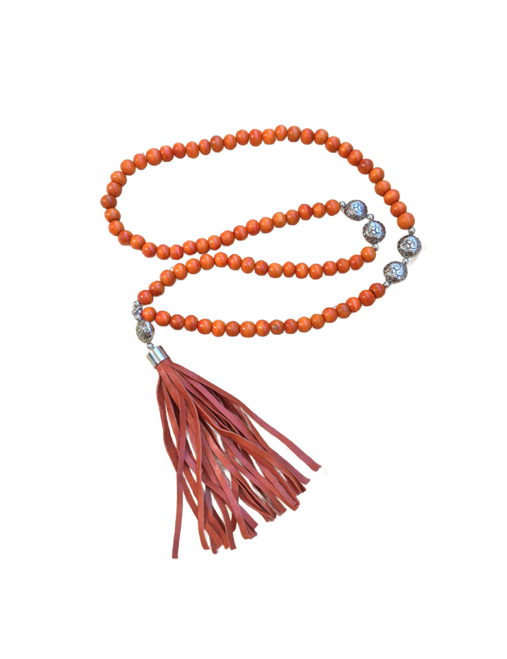 long-orange-beaded-necklace-leather-tassel-pendant