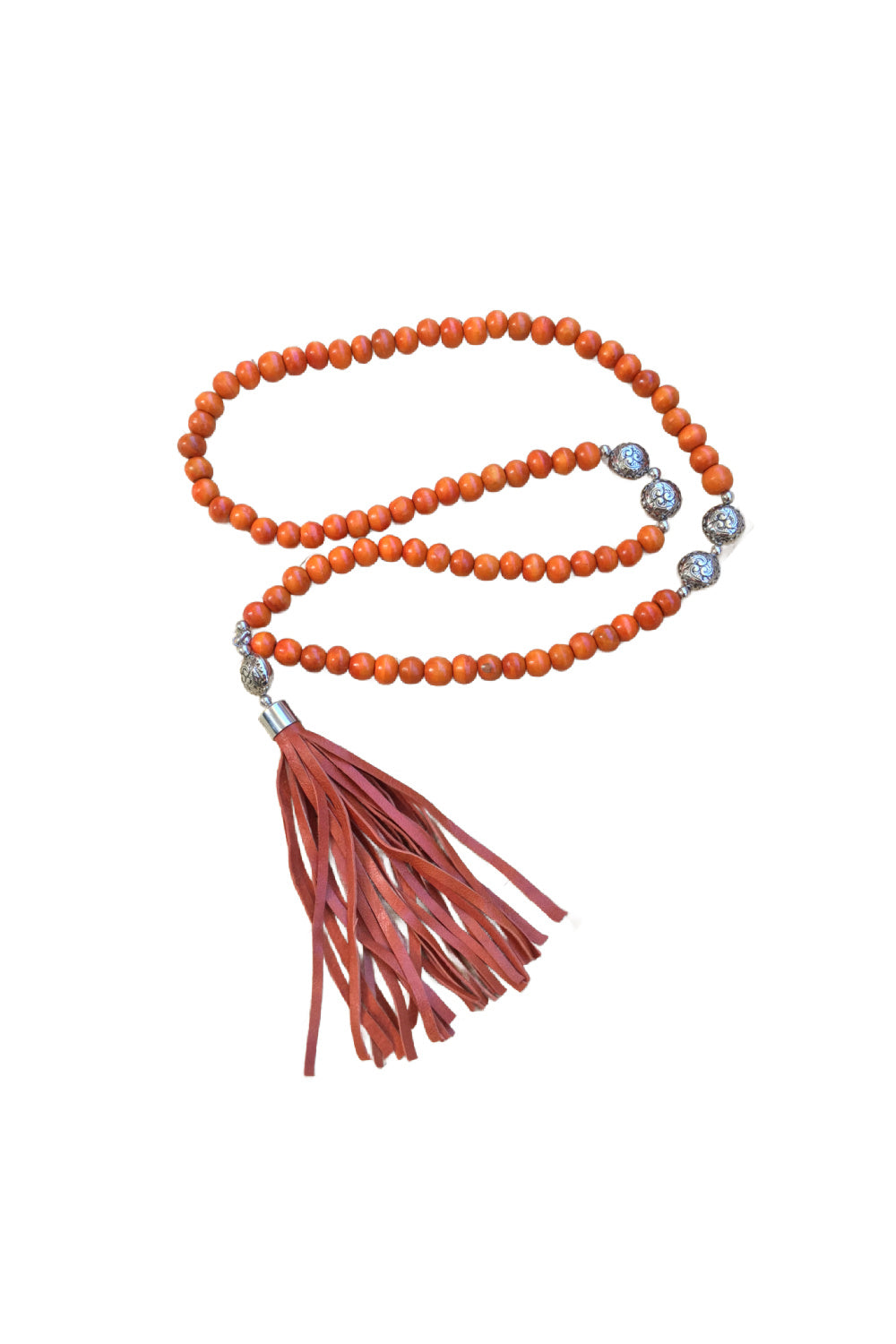 long-orange-beaded-necklace-leather-tassel-pendant