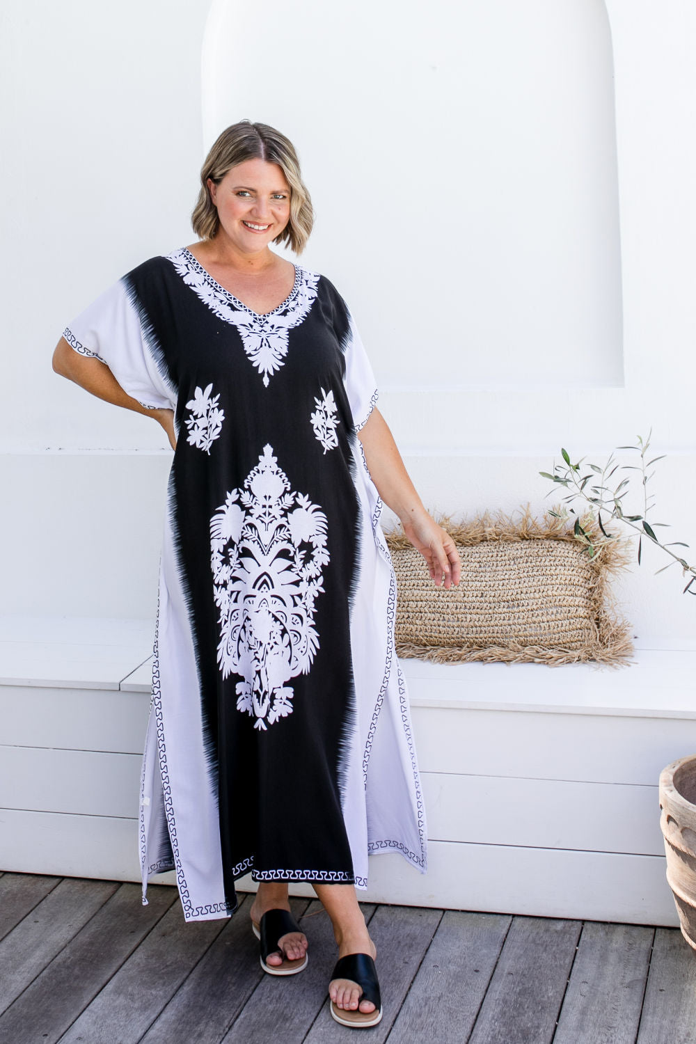 long-kaftan-dress-black-white-mandala-design