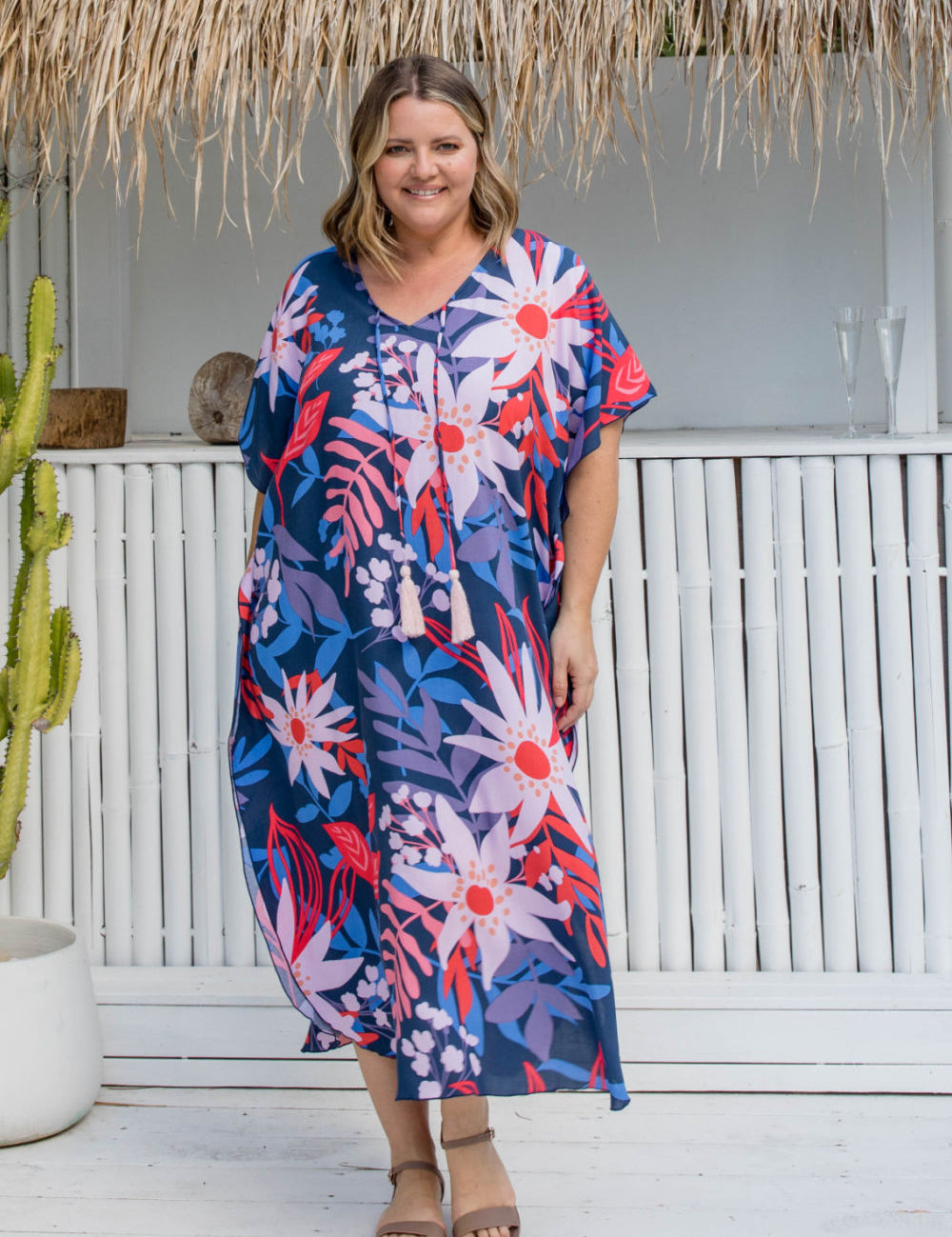    long-kaftan-dress-resort-style-pink-floral-blue-base-plus-size