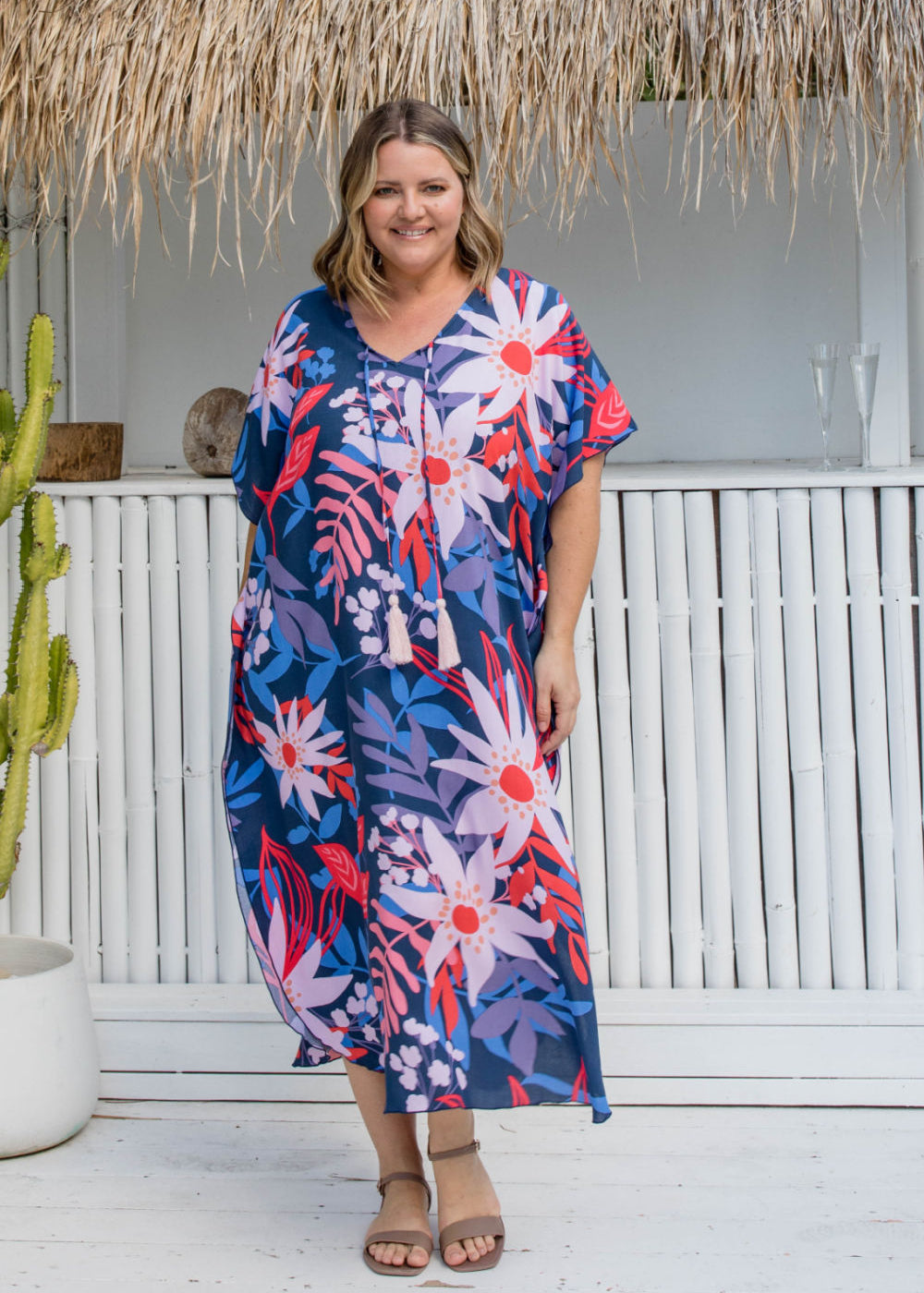    long-kaftan-dress-resort-style-pink-floral-blue-base-plus-size