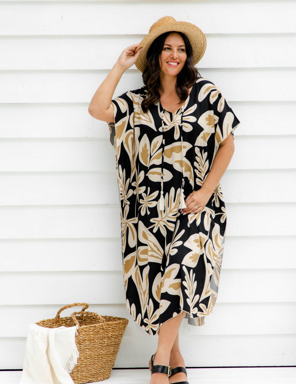 Long Kaftan Dress - Latte Leaves