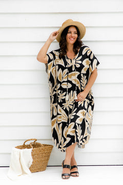 Long Kaftan Dress - Latte Leaves