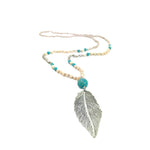 long-pendant-necklace-silver-leaf-cream-turquoise-beads