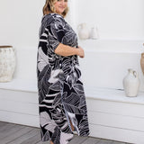 long-summer-kaftan-dress-black-white-leaf-design