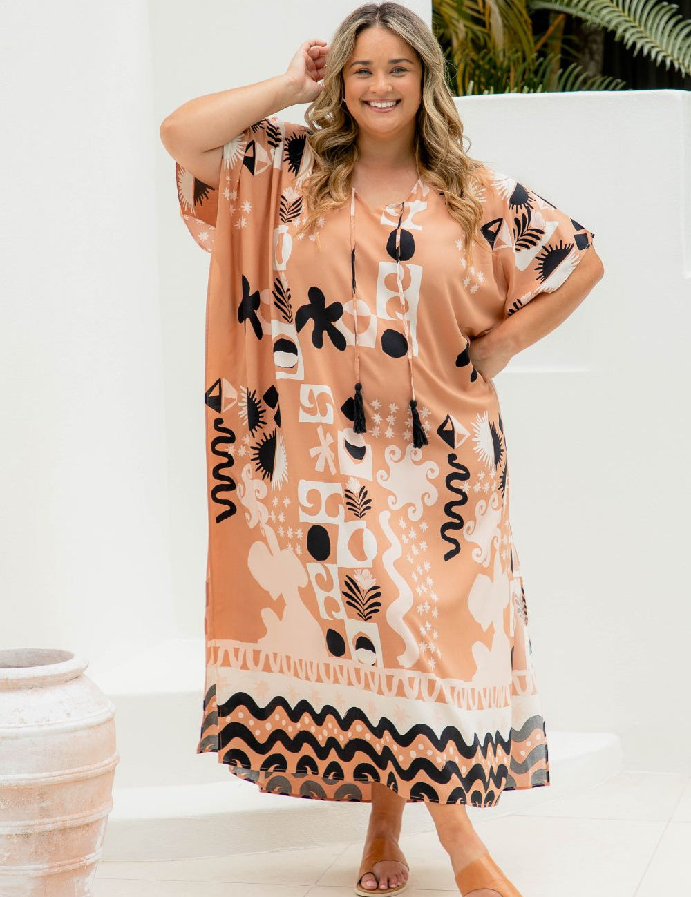 maxi-summer-kaftan-dress-antique-brass-coffee-foam-black-tropical-print-plus-size-resort-wear