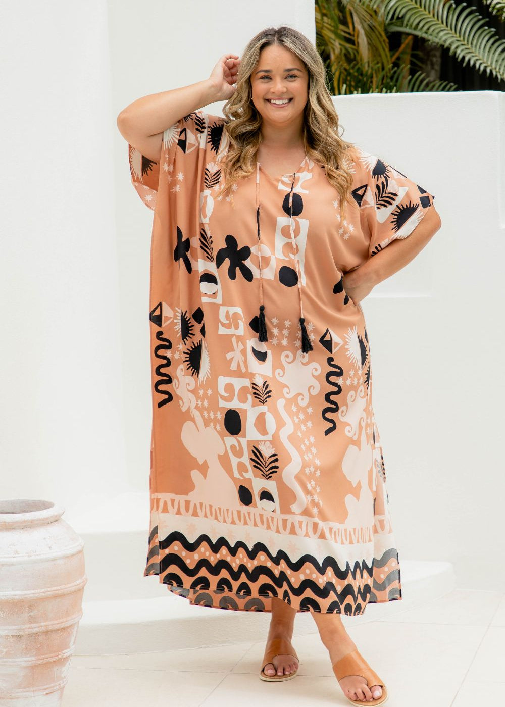 maxi-summer-kaftan-dress-antique-brass-coffee-foam-black-tropical-print-plus-size-resort-wear