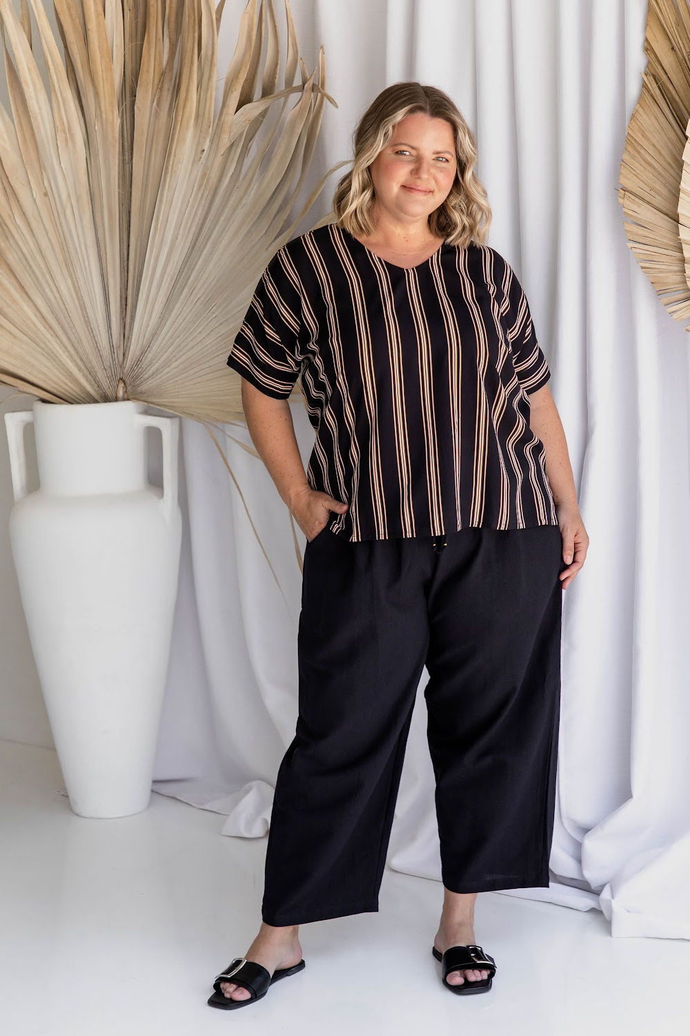 outfit-set-ladies-blouse-top-black-stripe-with-black-cotton-pants-plus-size