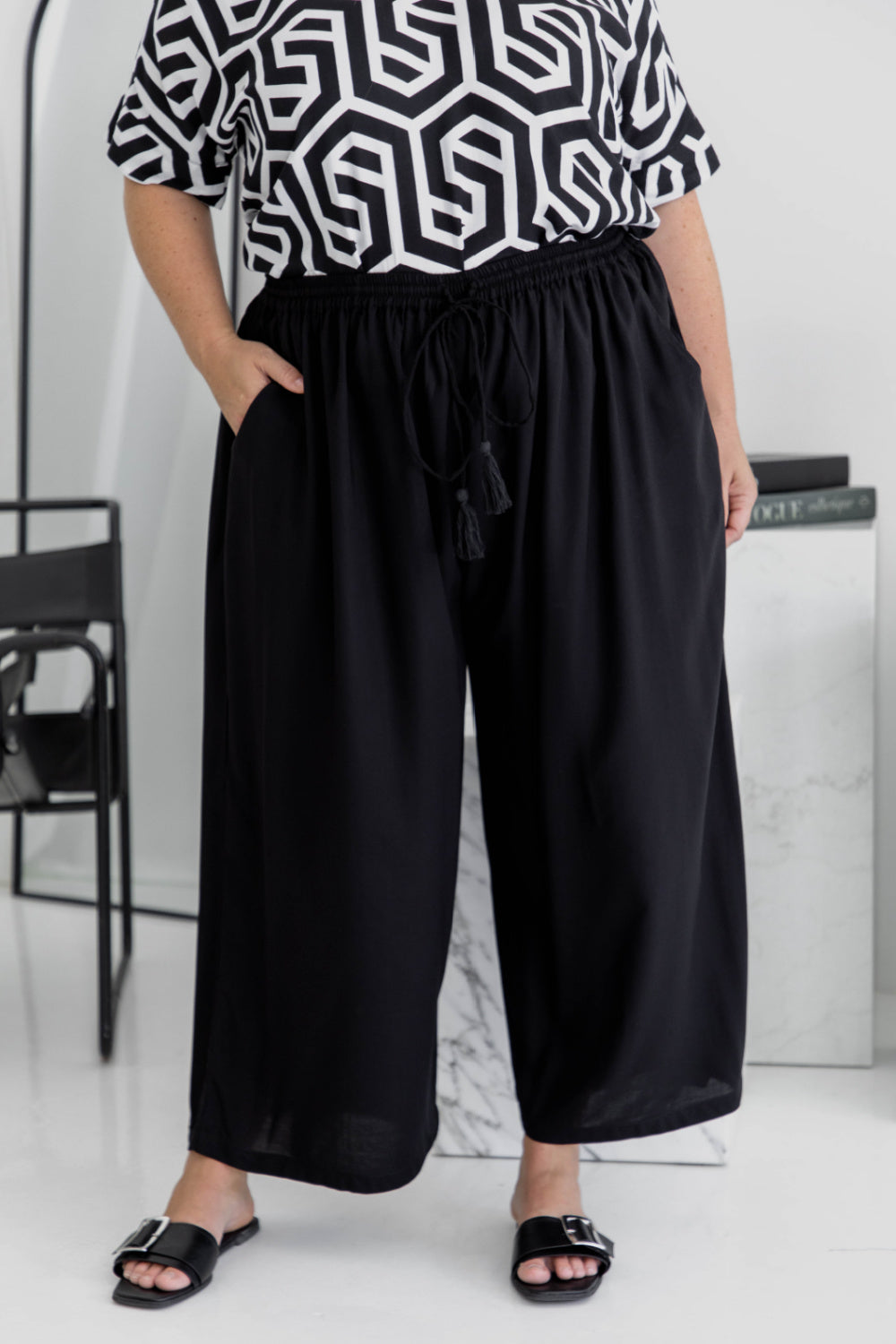 Close-up of black Palazzo Pants front – elastic waistband and drawstring tie detail