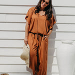 Alisha wearing Mocha Mousse Palazzo Pants size M with kaftan top tucked – front view showing waistband and tie detail