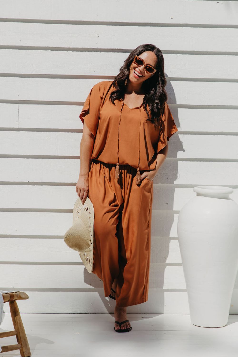 Alisha wearing Mocha Mousse Palazzo Pants size M with kaftan top tucked – front view showing waistband and tie detail