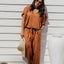 Alisha wearing Mocha Mousse Palazzo Pants size M with kaftan top tucked – front view showing waistband and tie detail
