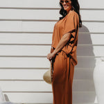 Full side view of Alisha wearing Mocha Mousse Palazzo Pants size M – wide-leg flow and relaxed fit