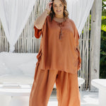 Kate wearing Mocha Mousse Palazzo Pants size XL – wide-leg front view, relaxed fit resort pants