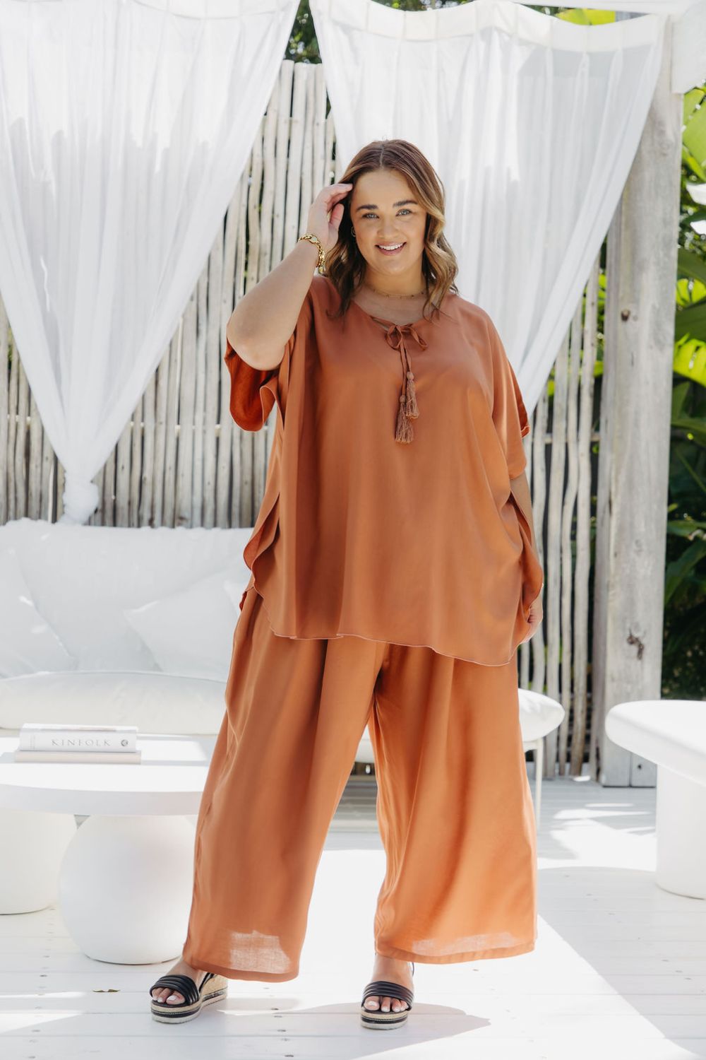 Kate wearing Mocha Mousse Palazzo Pants size XL – wide-leg front view, relaxed fit resort pants