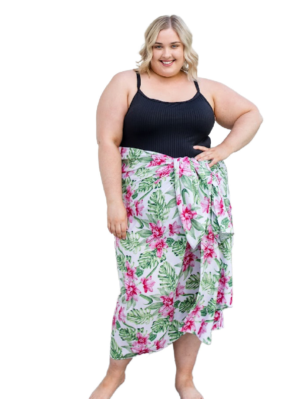 plus-size-beach-sarong-Hawaiian-pink-floral-green-white-HolleyDay-resort-wear