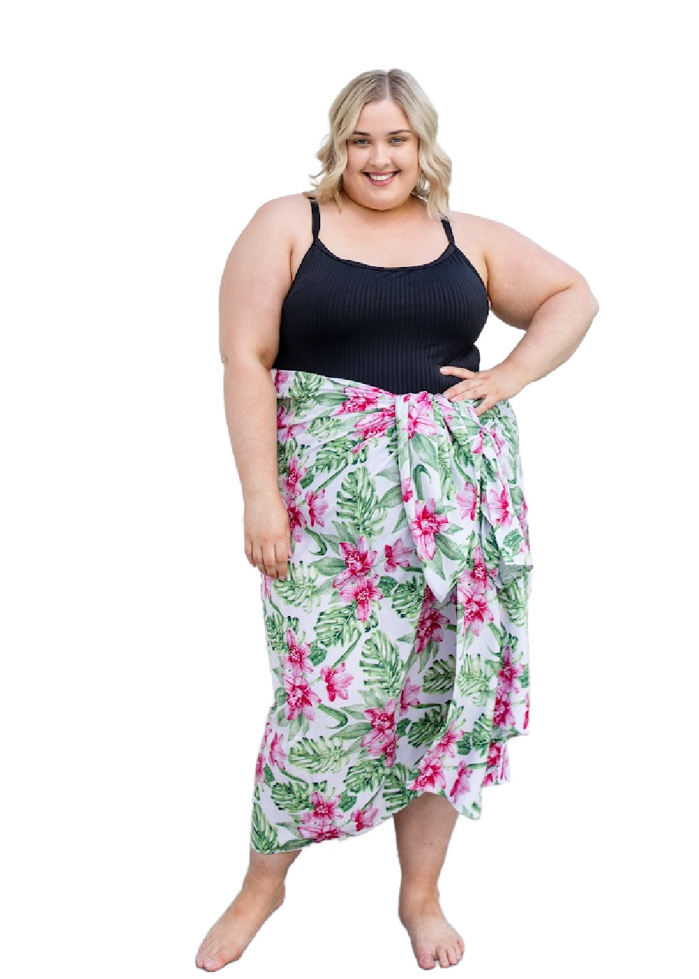 plus-size-beach-sarong-Hawaiian-pink-floral-green-white-HolleyDay-resort-wear