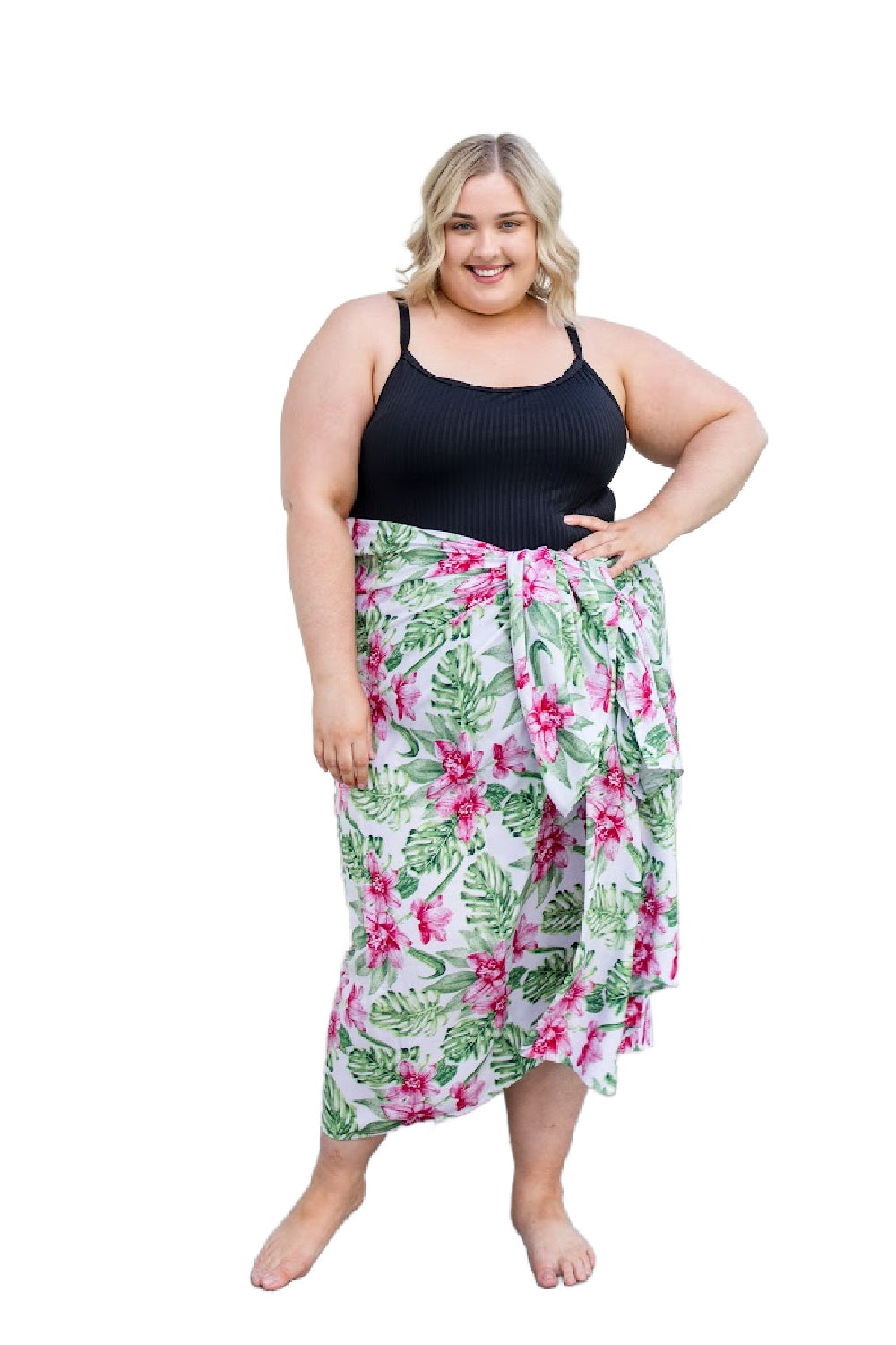 plus-size-beach-sarong-Hawaiian-pink-floral-green-white-HolleyDay-resort-wear