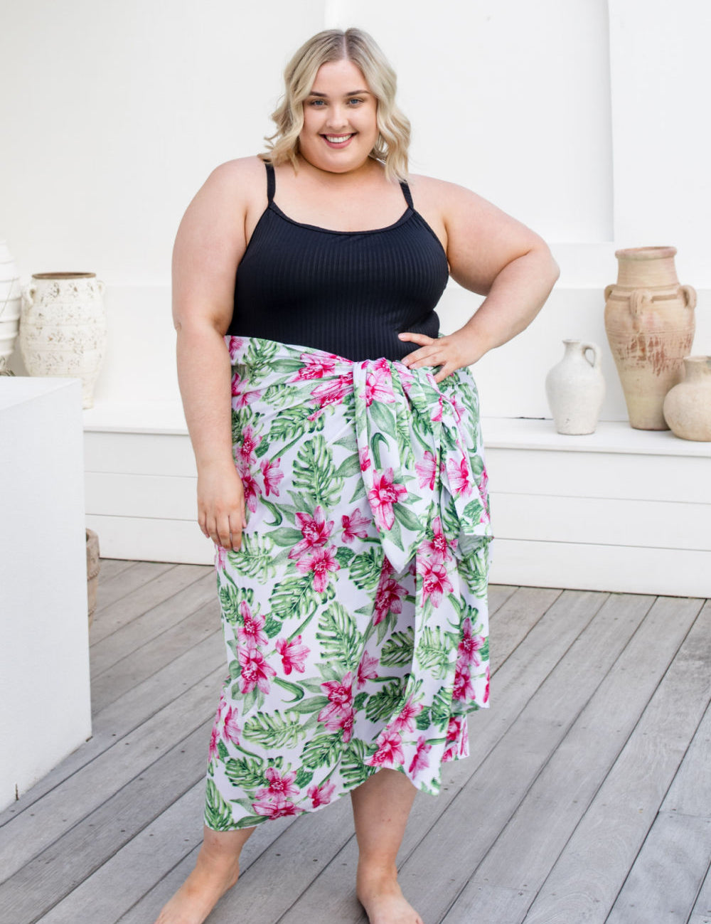     plus-size-beach-sarong-Hawaiian-pink-floral-green-white