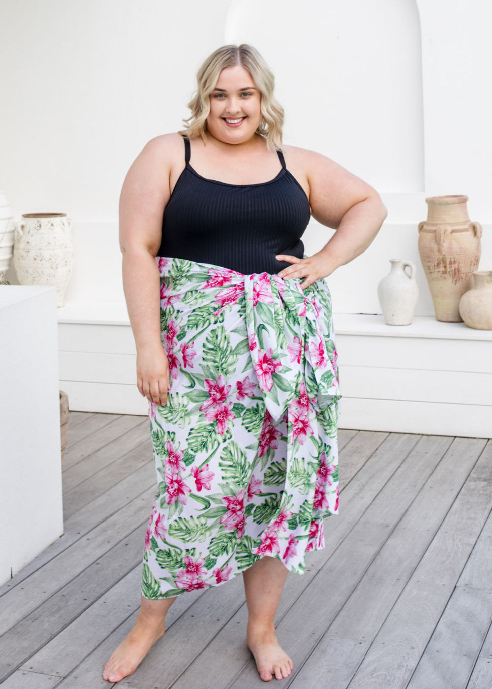     plus-size-beach-sarong-Hawaiian-pink-floral-green-white
