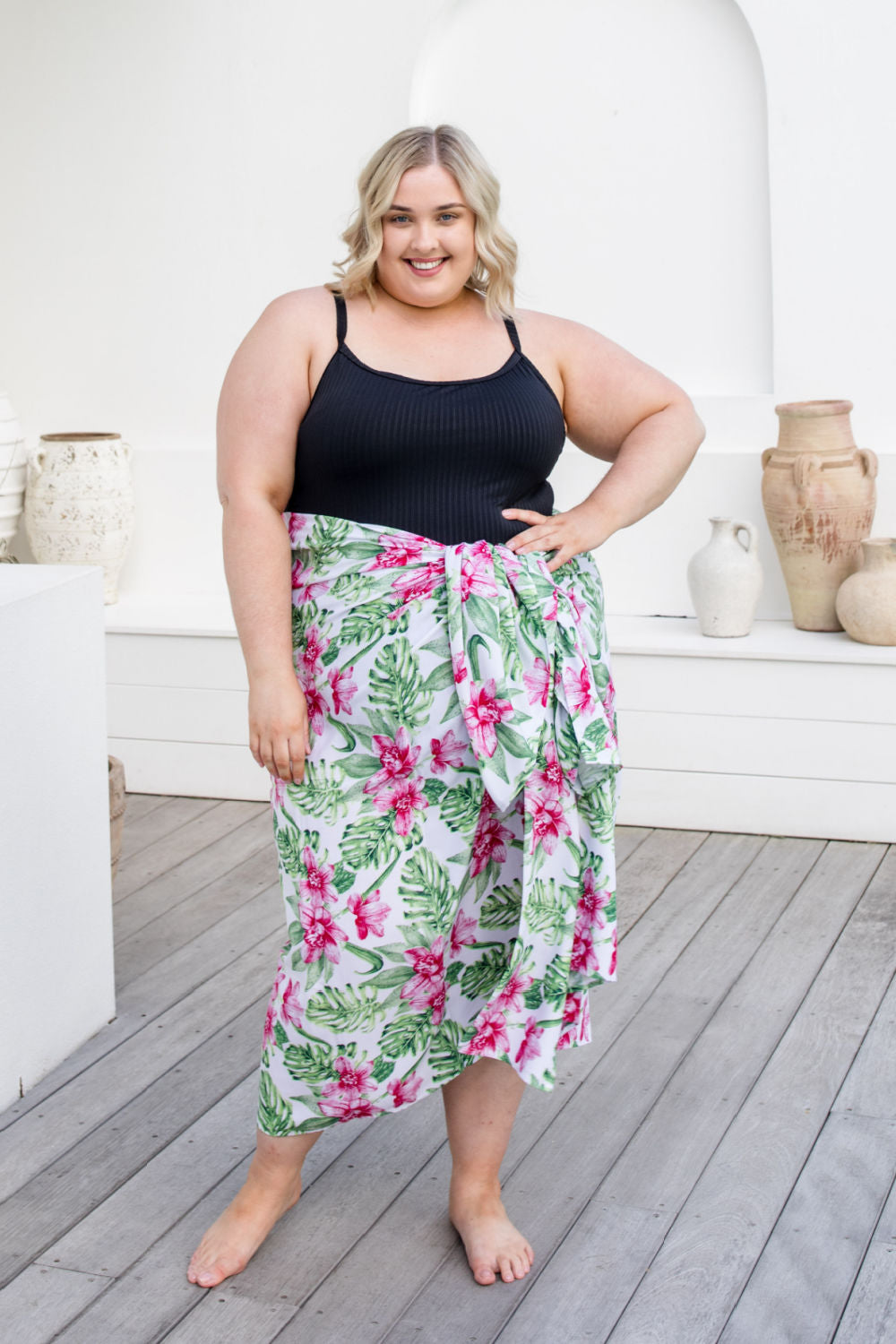     plus-size-beach-sarong-Hawaiian-pink-floral-green-white