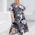    plus-size-kaftan-dress-black-white-leaf-design