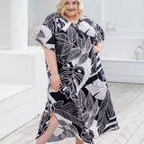    plus-size-kaftan-dress-black-white-leaf-design