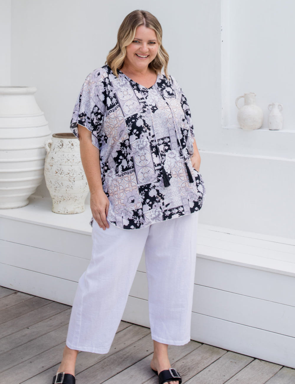     plus-size-kaftan-top-black-cream-mauve-patchwork-print