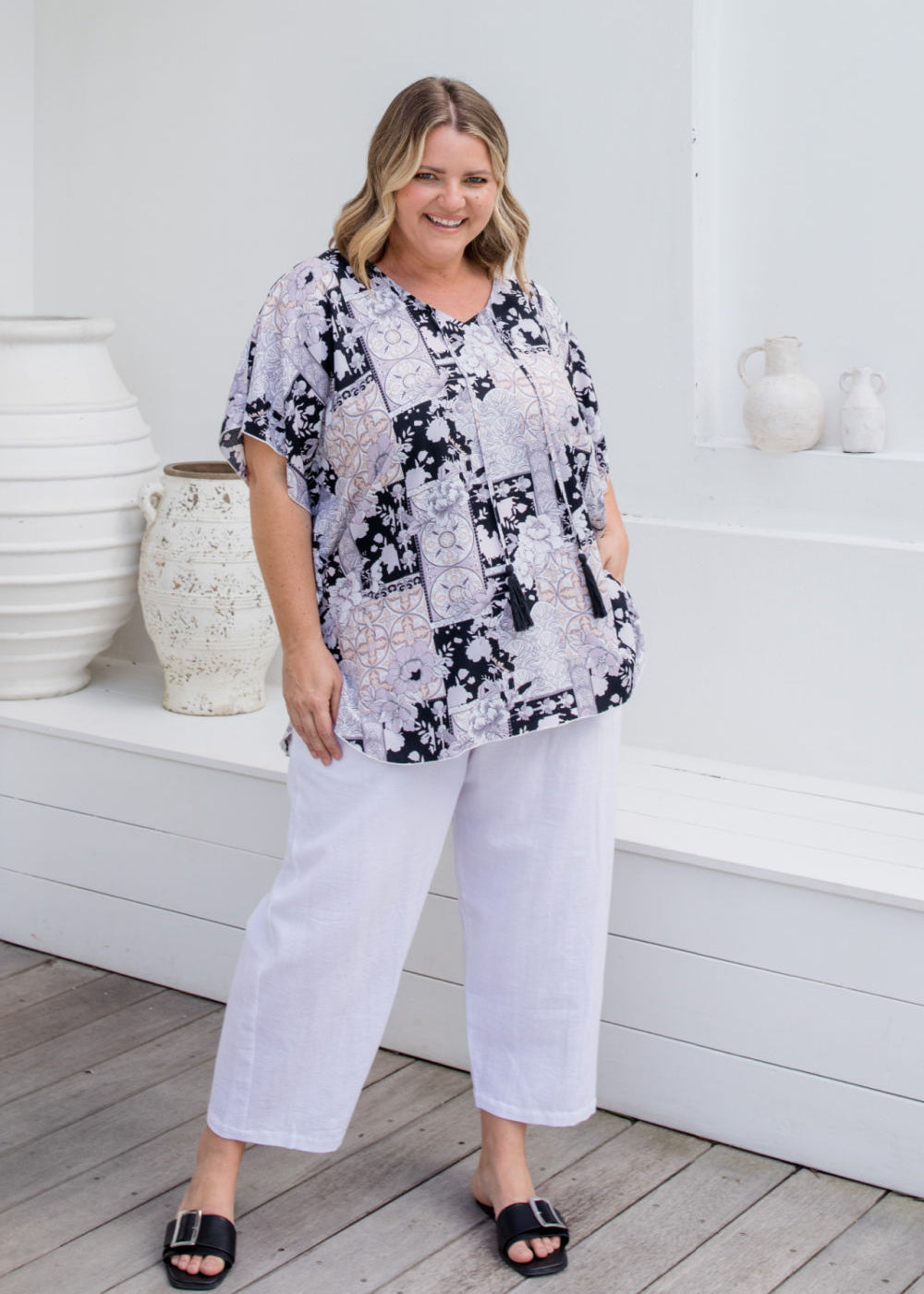     plus-size-kaftan-top-black-cream-mauve-patchwork-print