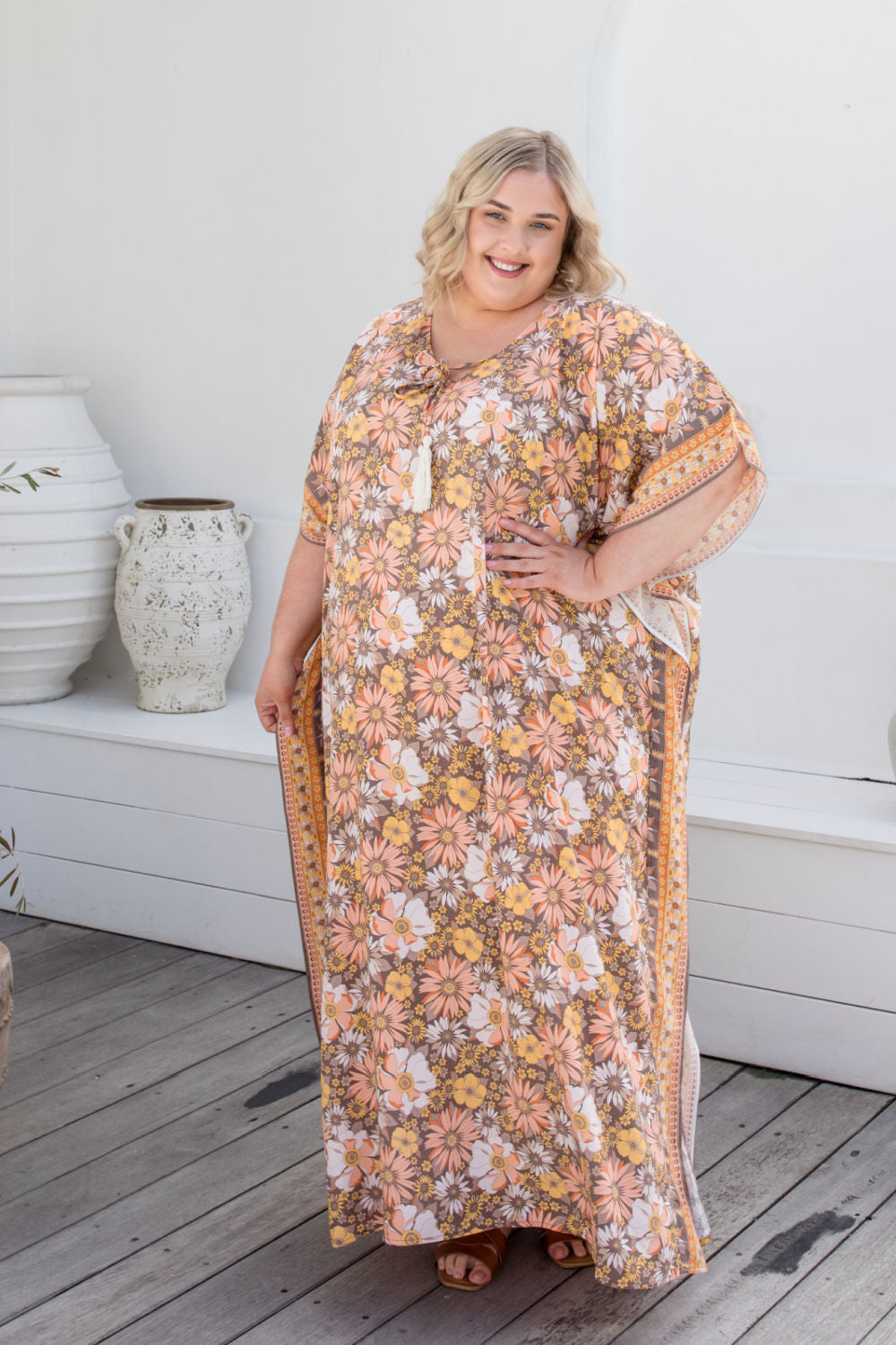    plus-size-long-kaftan-dress-resort-wear-peach-earth-tones-floral-border-design