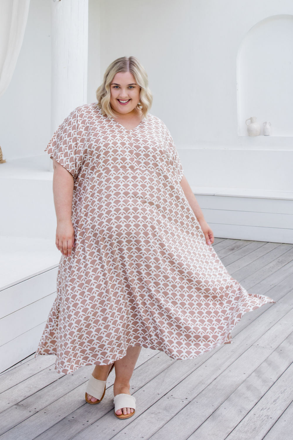 Relaxed Fit Maxi Dress in Soft Mocha Geo - Holley Day
